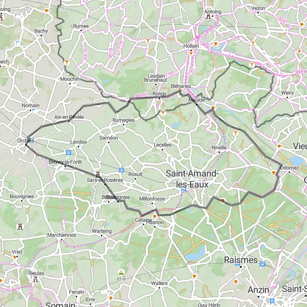 Map miniature of "Orchies and Surroundings" cycling inspiration in Nord-Pas de Calais, France. Generated by Tarmacs.app cycling route planner