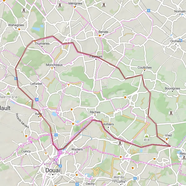 Map miniature of "Country Lanes and Hidden Gems" cycling inspiration in Nord-Pas de Calais, France. Generated by Tarmacs.app cycling route planner