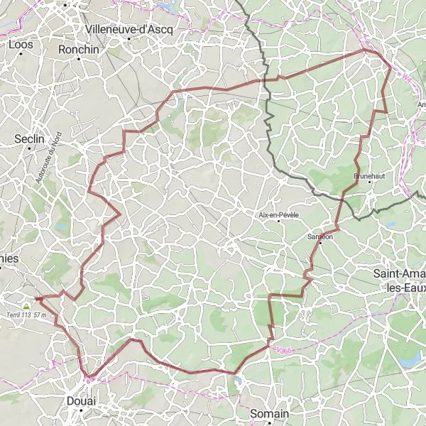 Map miniature of "Battlefields and Bridges" cycling inspiration in Nord-Pas de Calais, France. Generated by Tarmacs.app cycling route planner