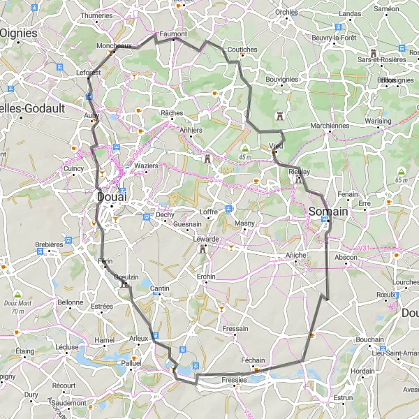 Miniature de la carte de l'inspiration cycliste "Les villages du Nord-Est" dans la Nord-Pas de Calais, France. Générée par le planificateur d'itinéraire cycliste Tarmacs.app