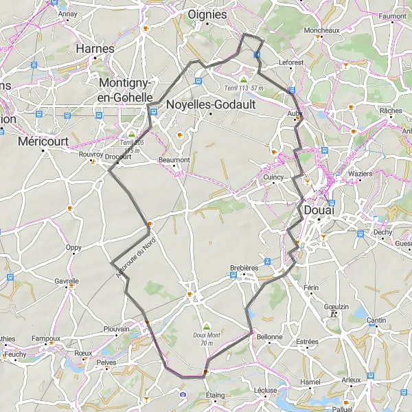 Miniature de la carte de l'inspiration cycliste "Boucle des Canaux et des Villages" dans la Nord-Pas de Calais, France. Générée par le planificateur d'itinéraire cycliste Tarmacs.app