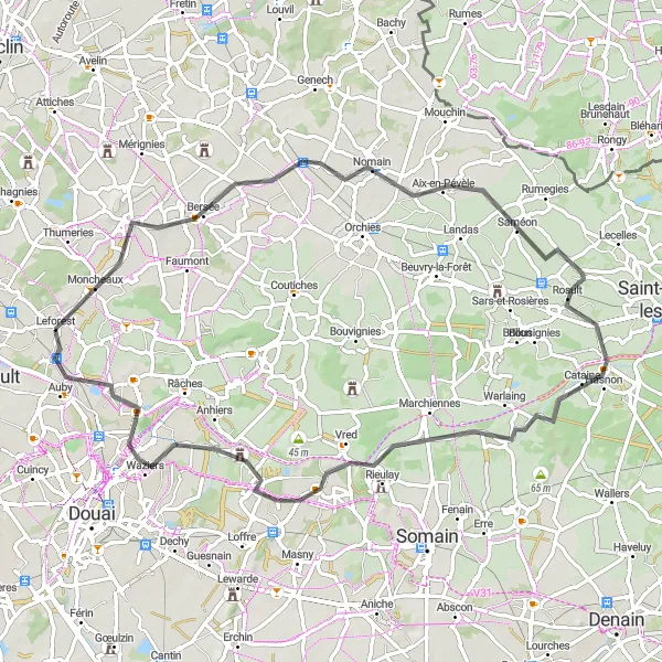 Miniature de la carte de l'inspiration cycliste "Les chemins du Nord-Ouest" dans la Nord-Pas de Calais, France. Générée par le planificateur d'itinéraire cycliste Tarmacs.app