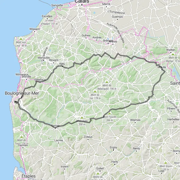 Miniature de la carte de l'inspiration cycliste "Parcours des Monts du Nord" dans la Nord-Pas de Calais, France. Générée par le planificateur d'itinéraire cycliste Tarmacs.app