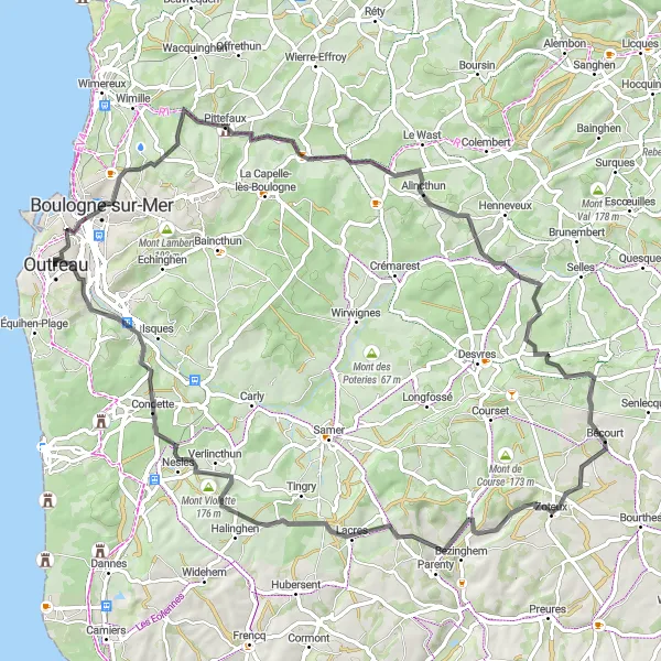 Miniature de la carte de l'inspiration cycliste "Circuit des Collines de la Côte d'Opale" dans la Nord-Pas de Calais, France. Générée par le planificateur d'itinéraire cycliste Tarmacs.app