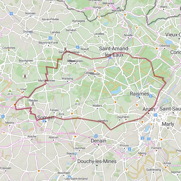 Map miniature of "The Gravel Path to Marchiennes" cycling inspiration in Nord-Pas de Calais, France. Generated by Tarmacs.app cycling route planner