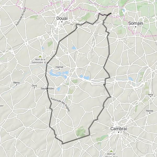 Map miniature of "The Montigny-en-Ostrevent Loop" cycling inspiration in Nord-Pas de Calais, France. Generated by Tarmacs.app cycling route planner