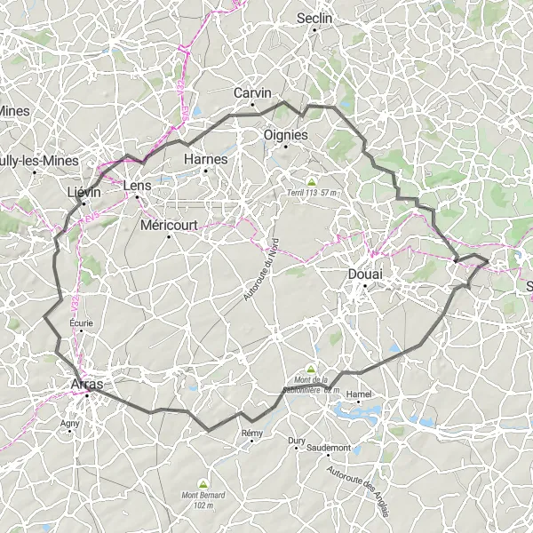 Miniature de la carte de l'inspiration cycliste "La Route du Beffroi" dans la Nord-Pas de Calais, France. Générée par le planificateur d'itinéraire cycliste Tarmacs.app