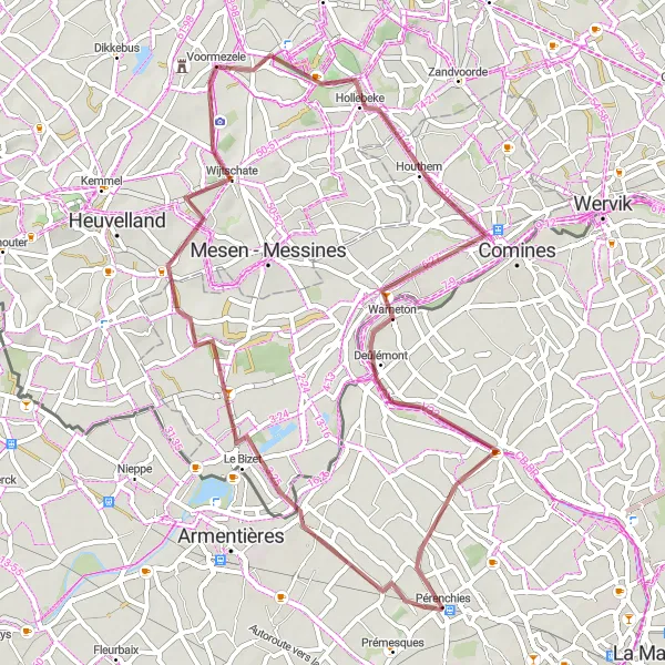 Miniature de la carte de l'inspiration cycliste "Parcours de Ploegsteert" dans la Nord-Pas de Calais, France. Générée par le planificateur d'itinéraire cycliste Tarmacs.app