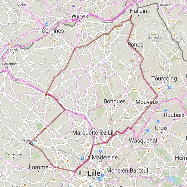 Miniature de la carte de l'inspiration cycliste "Boucle autour de Verlinghem" dans la Nord-Pas de Calais, France. Générée par le planificateur d'itinéraire cycliste Tarmacs.app