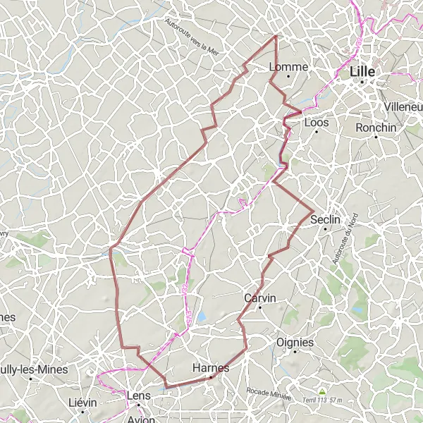 Miniature de la carte de l'inspiration cycliste "Circuit Gravel entre Pérenchies et Fournes-en-Weppes" dans la Nord-Pas de Calais, France. Générée par le planificateur d'itinéraire cycliste Tarmacs.app