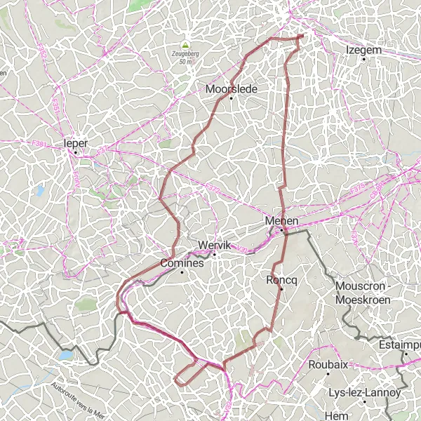 Miniature de la carte de l'inspiration cycliste "Circuit Gravel autour de Pérenchies" dans la Nord-Pas de Calais, France. Générée par le planificateur d'itinéraire cycliste Tarmacs.app