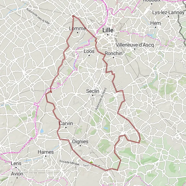 Miniature de la carte de l'inspiration cycliste "Le Circuit des Terrils" dans la Nord-Pas de Calais, France. Générée par le planificateur d'itinéraire cycliste Tarmacs.app