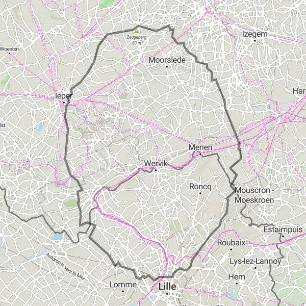 Map miniature of "Pérenchies to Pérenchies Loop" cycling inspiration in Nord-Pas de Calais, France. Generated by Tarmacs.app cycling route planner