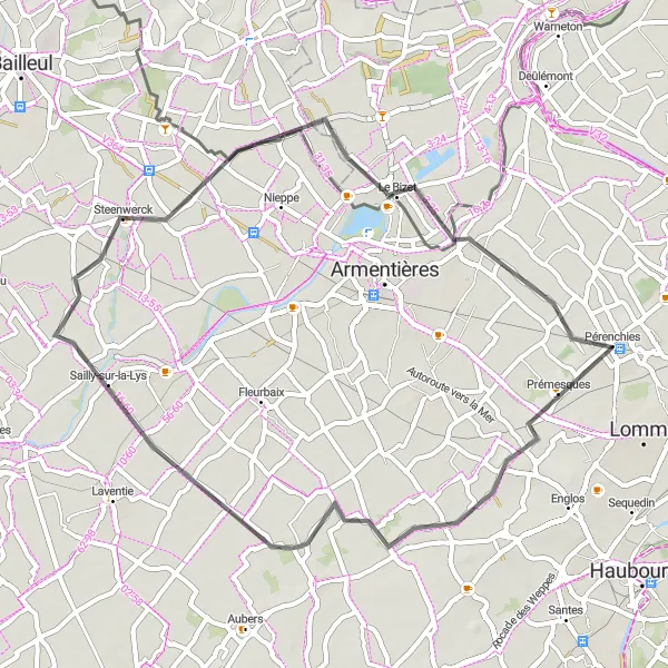 Map miniature of "Radinghem-en-Weppes to Houplines" cycling inspiration in Nord-Pas de Calais, France. Generated by Tarmacs.app cycling route planner