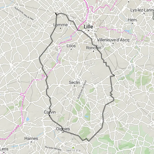 Miniature de la carte de l'inspiration cycliste "De Pérenchies à Lille en vélo de route" dans la Nord-Pas de Calais, France. Générée par le planificateur d'itinéraire cycliste Tarmacs.app
