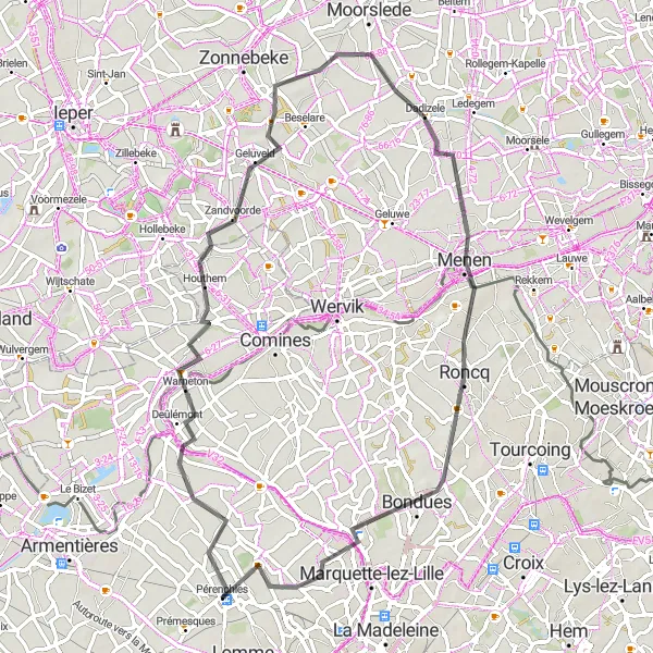 Map miniature of "Deûlémont to Wambrechies via Zandvoorde and Dadizele" cycling inspiration in Nord-Pas de Calais, France. Generated by Tarmacs.app cycling route planner