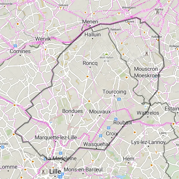 Miniature de la carte de l'inspiration cycliste "Boucle Route à travers la campagne nordiste" dans la Nord-Pas de Calais, France. Générée par le planificateur d'itinéraire cycliste Tarmacs.app