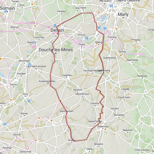 Map miniature of "Maing and Avesnes-le-Sec Gravel Adventure" cycling inspiration in Nord-Pas de Calais, France. Generated by Tarmacs.app cycling route planner