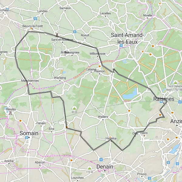 Map miniature of "Aubry-du-Hainaut and Beuvry-la-Forêt Road Tour" cycling inspiration in Nord-Pas de Calais, France. Generated by Tarmacs.app cycling route planner