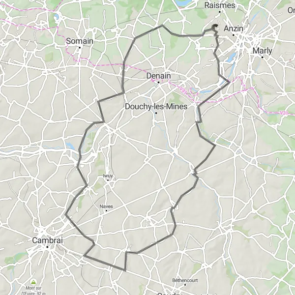 Map miniature of "Challenging Road Route to Escaudain and Aubry-du-Hainaut" cycling inspiration in Nord-Pas de Calais, France. Generated by Tarmacs.app cycling route planner