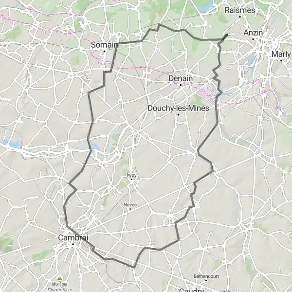 Map miniature of "Road Route to Émerchicourt and Mont Blanc" cycling inspiration in Nord-Pas de Calais, France. Generated by Tarmacs.app cycling route planner