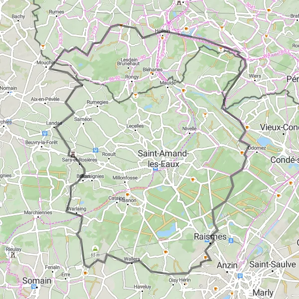 Map miniature of "Road Route to Landas and Jollain-Merlin" cycling inspiration in Nord-Pas de Calais, France. Generated by Tarmacs.app cycling route planner