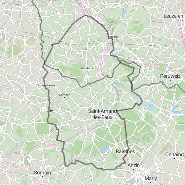 Map miniature of "Road Route through Hainaut and Antoing" cycling inspiration in Nord-Pas de Calais, France. Generated by Tarmacs.app cycling route planner