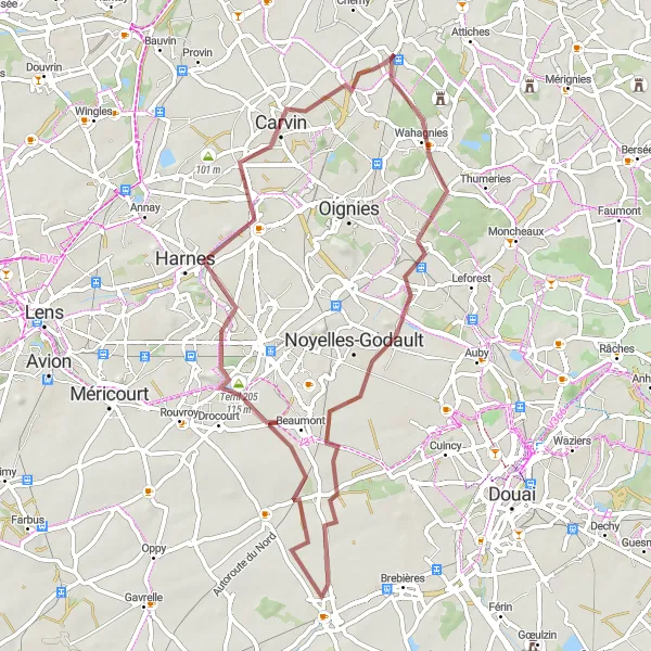 Map miniature of "Phalempin Gravel Adventure" cycling inspiration in Nord-Pas de Calais, France. Generated by Tarmacs.app cycling route planner