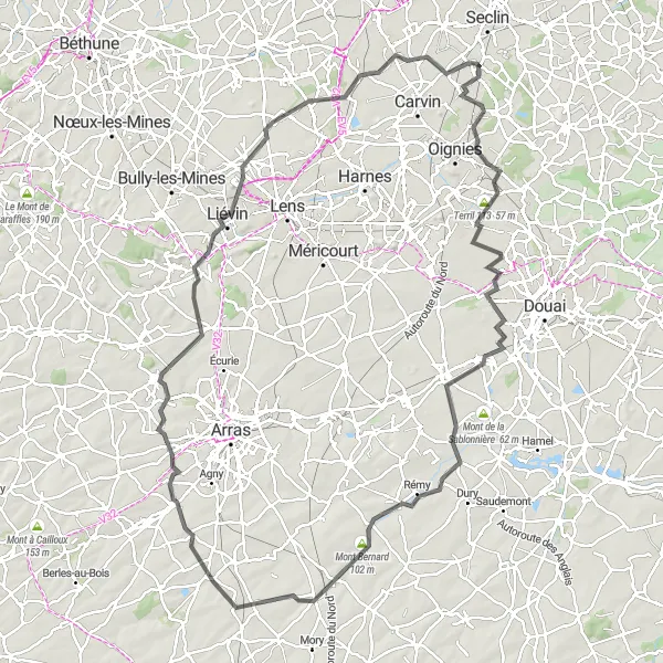Miniature de la carte de l'inspiration cycliste "Grand Tour du Bassin Minier" dans la Nord-Pas de Calais, France. Générée par le planificateur d'itinéraire cycliste Tarmacs.app