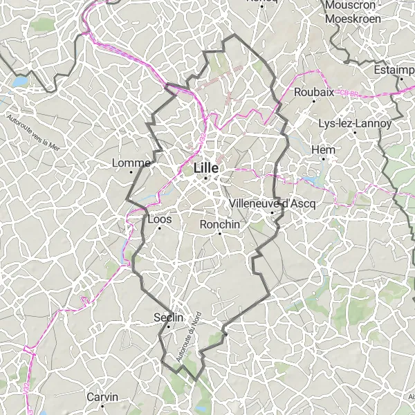 Map miniature of "Phalempin-Villeneuve-d'Ascq Road Tour" cycling inspiration in Nord-Pas de Calais, France. Generated by Tarmacs.app cycling route planner