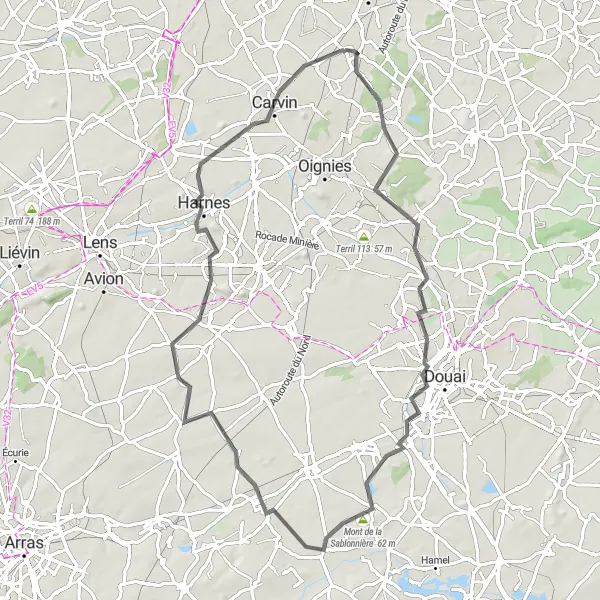 Map miniature of "Challenging Road Ride with Scenic Highlights" cycling inspiration in Nord-Pas de Calais, France. Generated by Tarmacs.app cycling route planner