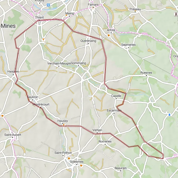 Miniature de la carte de l'inspiration cycliste "Exploration Gravel Poix-du-Nord - Escarmain" dans la Nord-Pas de Calais, France. Générée par le planificateur d'itinéraire cycliste Tarmacs.app