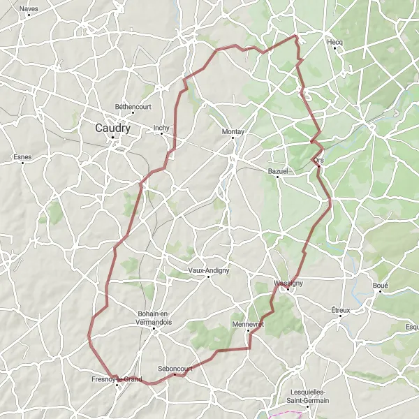 Map miniature of "Gravel Route - Exploring Poix-du-Nord and Surroundings" cycling inspiration in Nord-Pas de Calais, France. Generated by Tarmacs.app cycling route planner