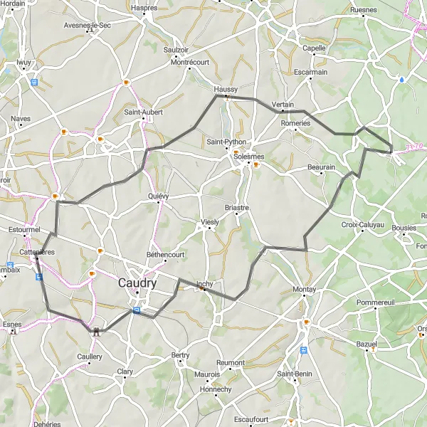 Miniature de la carte de l'inspiration cycliste "Circuit Poix-du-Nord - Neuville-en-Avesnois" dans la Nord-Pas de Calais, France. Générée par le planificateur d'itinéraire cycliste Tarmacs.app