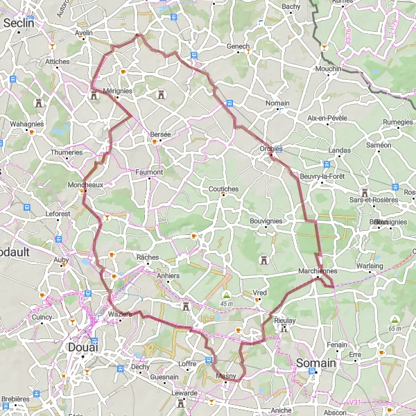 Map miniature of "The Agrarian Gravel Adventure" cycling inspiration in Nord-Pas de Calais, France. Generated by Tarmacs.app cycling route planner