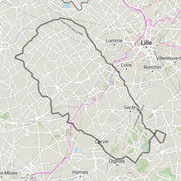 Map miniature of "The Romancing Mérignies Ride" cycling inspiration in Nord-Pas de Calais, France. Generated by Tarmacs.app cycling route planner