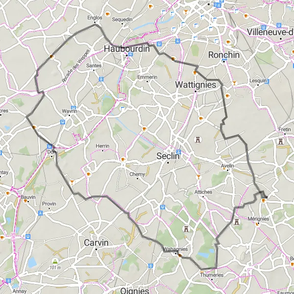 Map miniature of "The Wahagnies Loop" cycling inspiration in Nord-Pas de Calais, France. Generated by Tarmacs.app cycling route planner