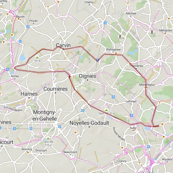 Map miniature of "Scenic Loop through Pont-à-Vendin" cycling inspiration in Nord-Pas de Calais, France. Generated by Tarmacs.app cycling route planner