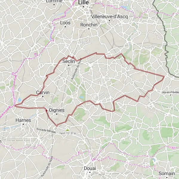 Map miniature of "Pont-à-Vendin and Surrounding Gravel Adventure" cycling inspiration in Nord-Pas de Calais, France. Generated by Tarmacs.app cycling route planner