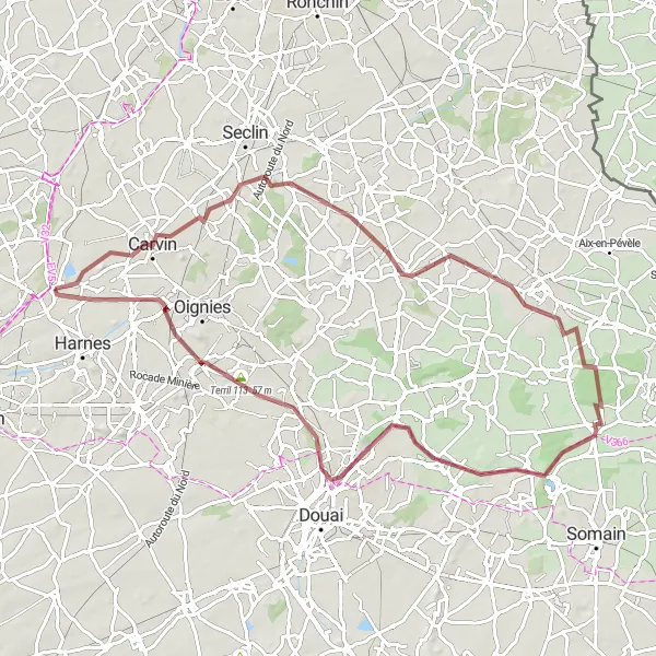 Map miniature of "Rural Delights: Estevelles to Pont-à-Vendin Gravel Ride" cycling inspiration in Nord-Pas de Calais, France. Generated by Tarmacs.app cycling route planner