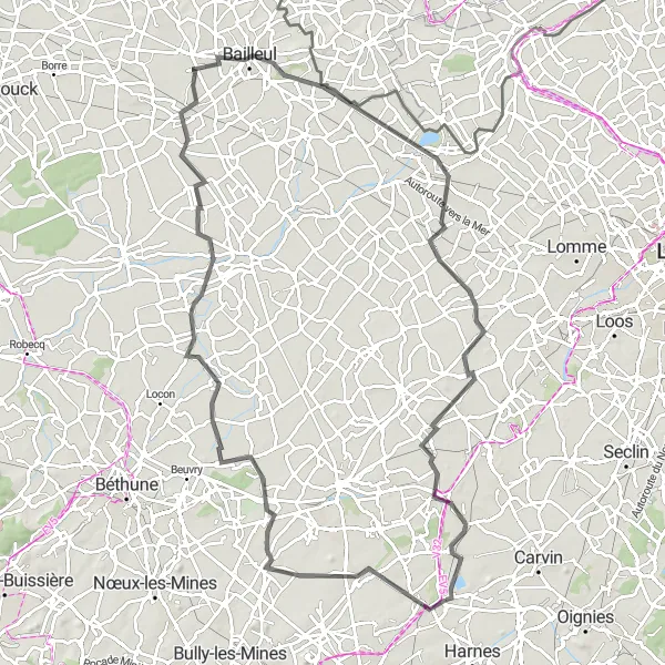 Miniature de la carte de l'inspiration cycliste "Les plaines et les collines de la Flandre" dans la Nord-Pas de Calais, France. Générée par le planificateur d'itinéraire cycliste Tarmacs.app