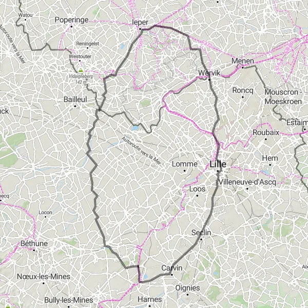 Map miniature of "The Road to Lille: Douvrin to Carvin Road Cycling Extravaganza" cycling inspiration in Nord-Pas de Calais, France. Generated by Tarmacs.app cycling route planner