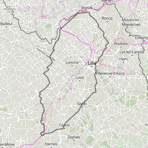 Miniature de la carte de l'inspiration cycliste "Les villages de la Campagne Nordiste" dans la Nord-Pas de Calais, France. Générée par le planificateur d'itinéraire cycliste Tarmacs.app