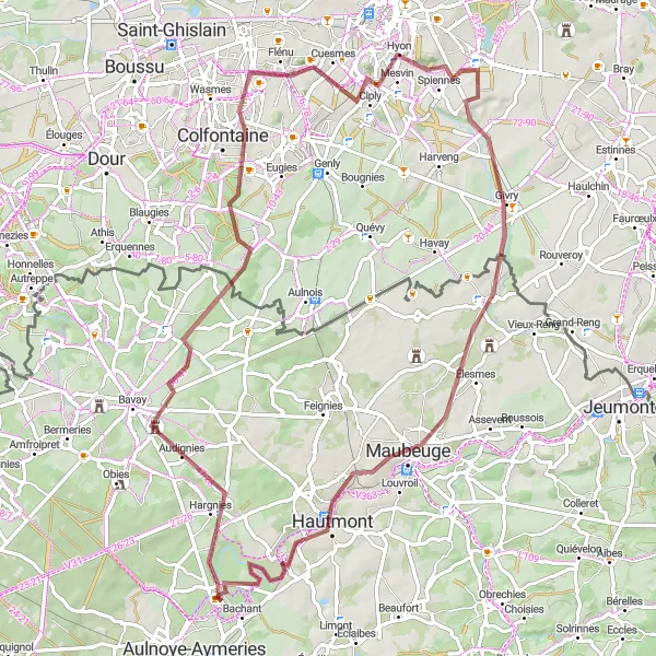 Miniature de la carte de l'inspiration cycliste "Parcours gravel autour de Pont-sur-Sambre" dans la Nord-Pas de Calais, France. Générée par le planificateur d'itinéraire cycliste Tarmacs.app
