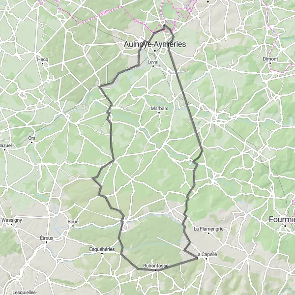 Miniature de la carte de l'inspiration cycliste "Les collines de l'Avesnois en route vers Bachant et Berlaimont" dans la Nord-Pas de Calais, France. Générée par le planificateur d'itinéraire cycliste Tarmacs.app