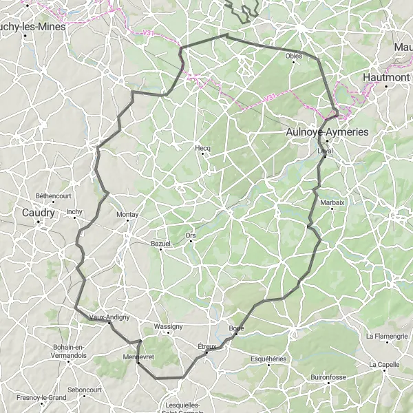 Map miniature of "The Grand-Fayt Challenge" cycling inspiration in Nord-Pas de Calais, France. Generated by Tarmacs.app cycling route planner