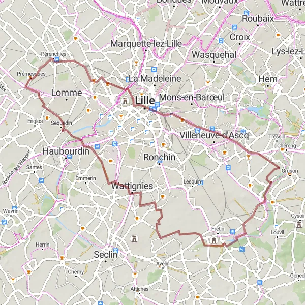 Miniature de la carte de l'inspiration cycliste "Boucles autour de Fives" dans la Nord-Pas de Calais, France. Générée par le planificateur d'itinéraire cycliste Tarmacs.app