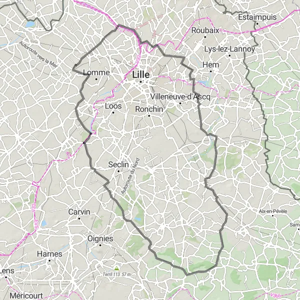 Miniature de la carte de l'inspiration cycliste "Circuit de la Bataille de Bouvines" dans la Nord-Pas de Calais, France. Générée par le planificateur d'itinéraire cycliste Tarmacs.app