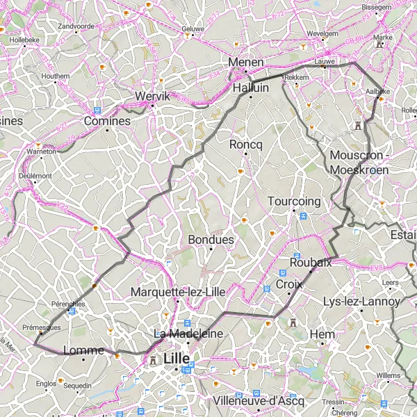 Map miniature of "Prémesques Verlinghem Halluin Mouscron - Moeskroen La Madeleine Lomme Prémesques Road Cycling Route" cycling inspiration in Nord-Pas de Calais, France. Generated by Tarmacs.app cycling route planner