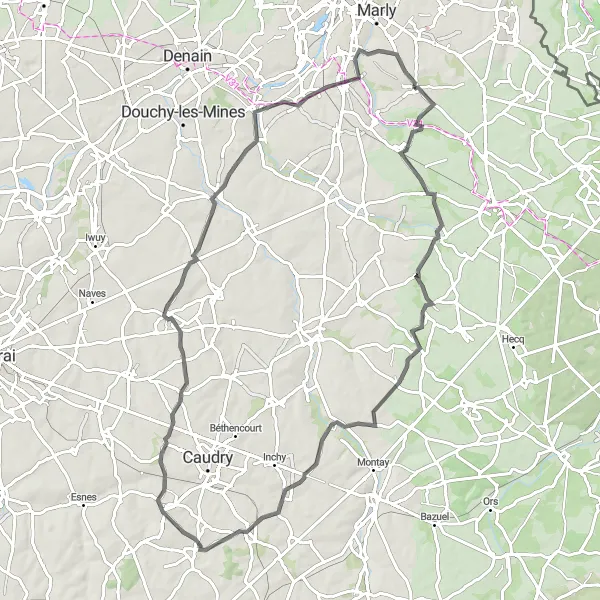 Map miniature of "The Valenciennes Grand Tour" cycling inspiration in Nord-Pas de Calais, France. Generated by Tarmacs.app cycling route planner